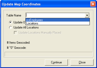 Update Map Coordionates dialogue box - Table Name dropdown menu
