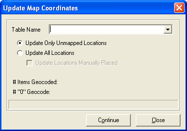 Update Map Coordionates dialogue box