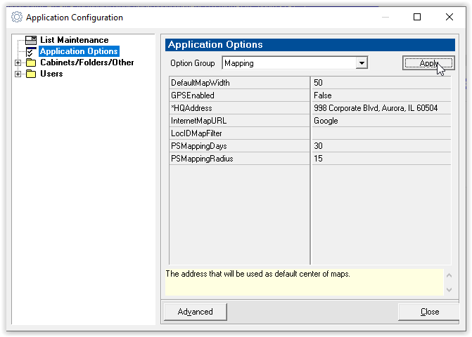 Application Configuration > Application Options > Mapping > Apply