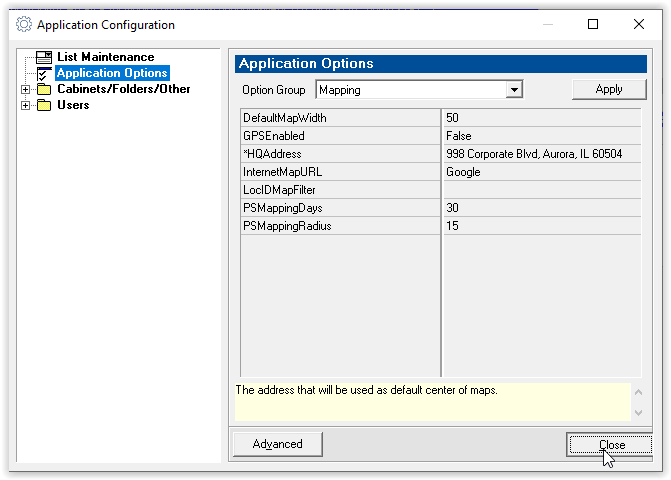 Application Configuration > Application Options > Mapping > Close